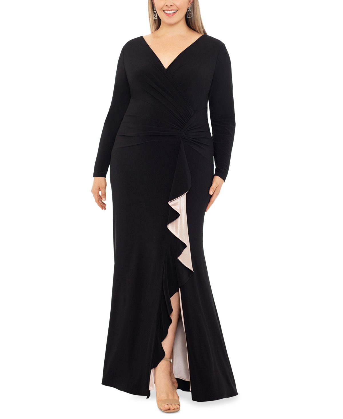 Xscape Plus Size V-neck Twist-front Side-ruffle Gown In Black,nude
