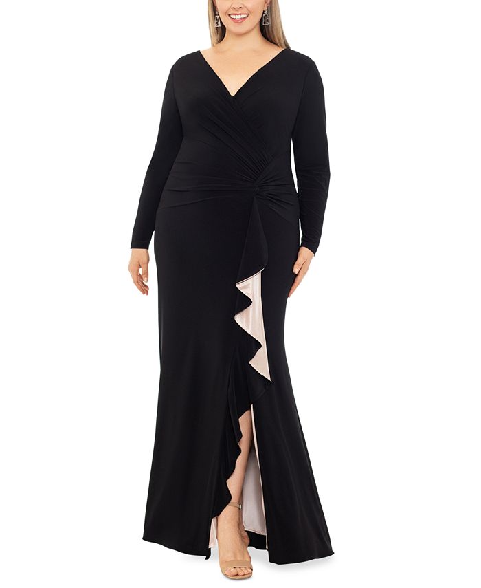 V-neck 3/4 Sleeves Ruffle Floor-length Dress Black main image 1
