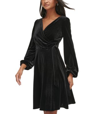 Vince Camuto Petite Side-Ruch Long-Sleeve Velvet Dress - Macy's