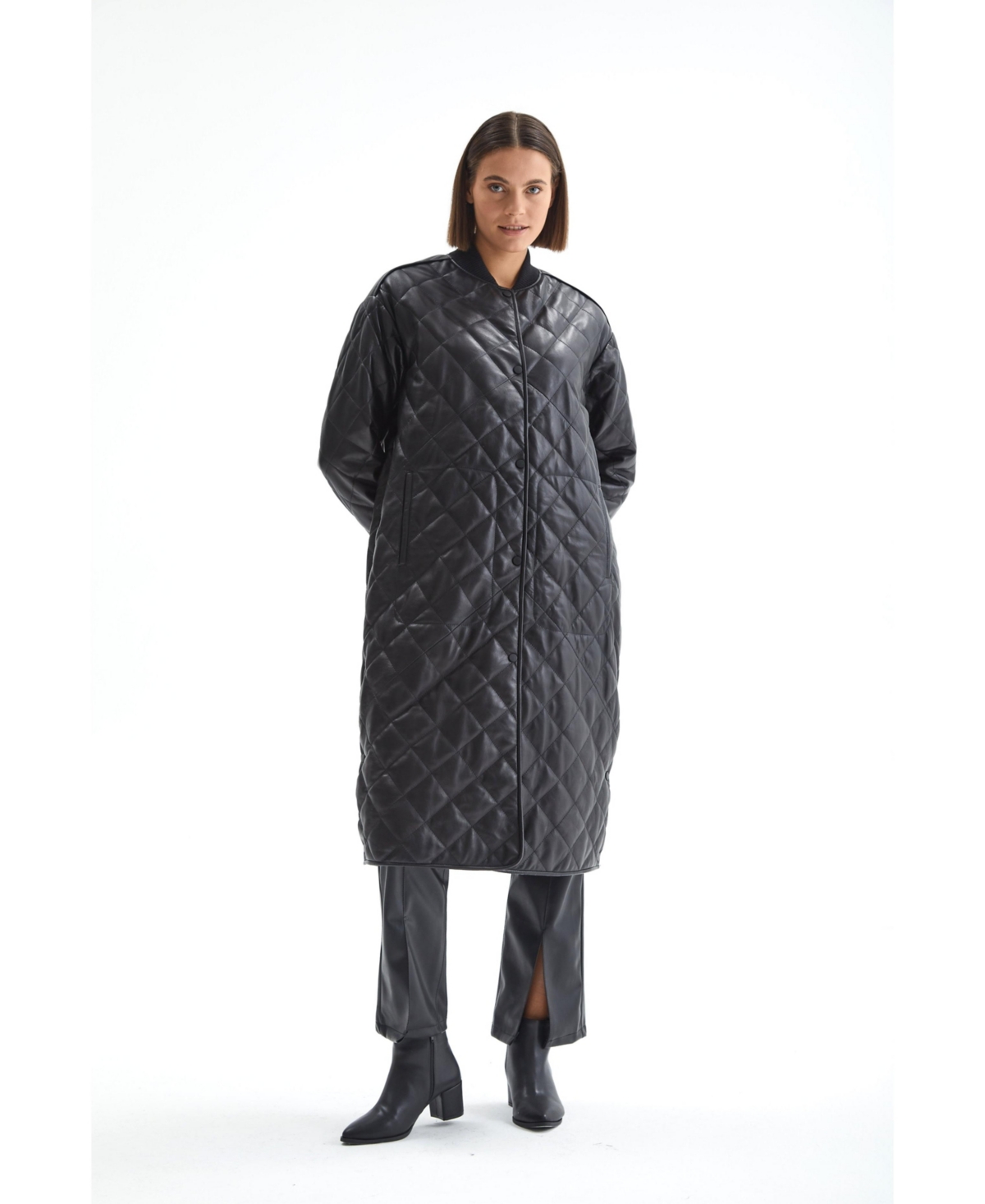 Furniq Uk Women's Genuine Leather Trench Coat Beige - Black
