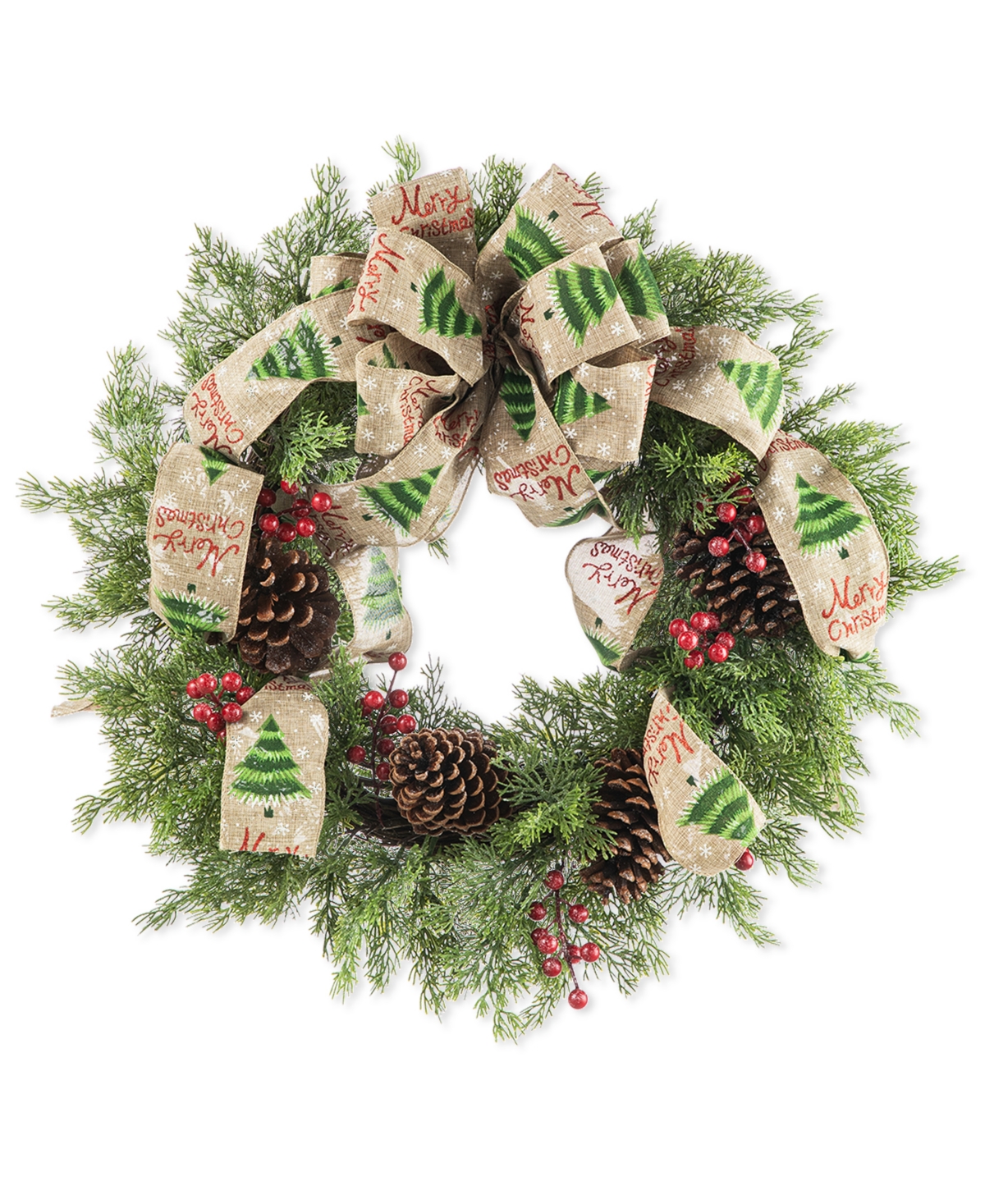 Glitzhome 24" D Cypress Leaves Pinecone With Bowknot Ribbon Wreath In Multi