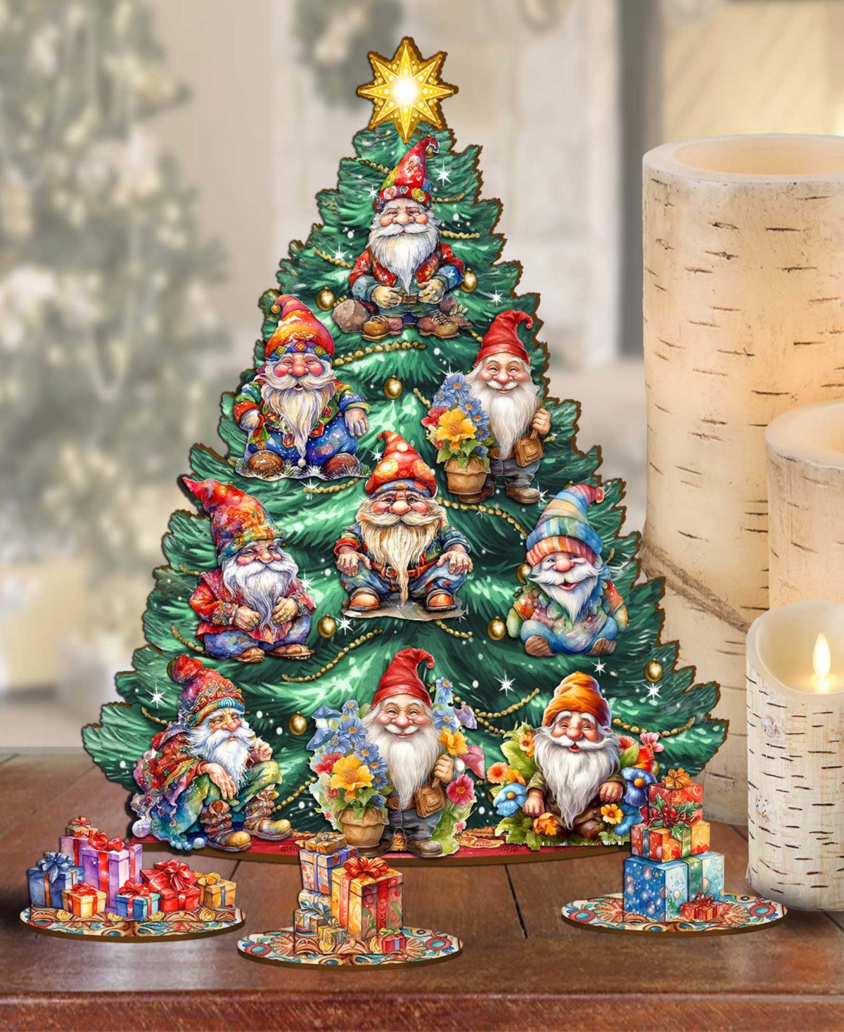 Designocracy Dwarfs And Fairies Themed Wooden Christmas Tree With Ornaments Set Of 13 G. Debrekht In Multi Color