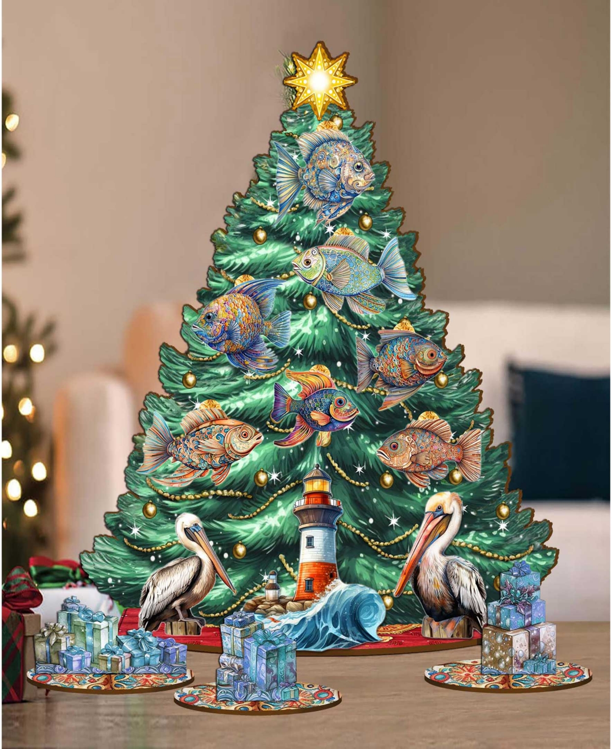 Shop Designocracy Coastal Themed Wooden Christmas Tree With Ornaments Set Of 13 G. Debrekht In Multi Color
