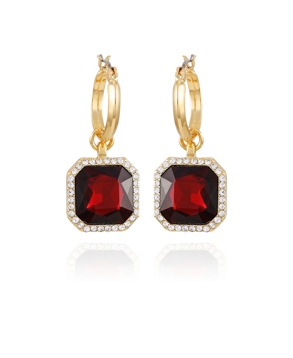 T Tahari Gold-tone Dark Red Glass Stone Hoop Drop Earrings In Gold,dark Red
