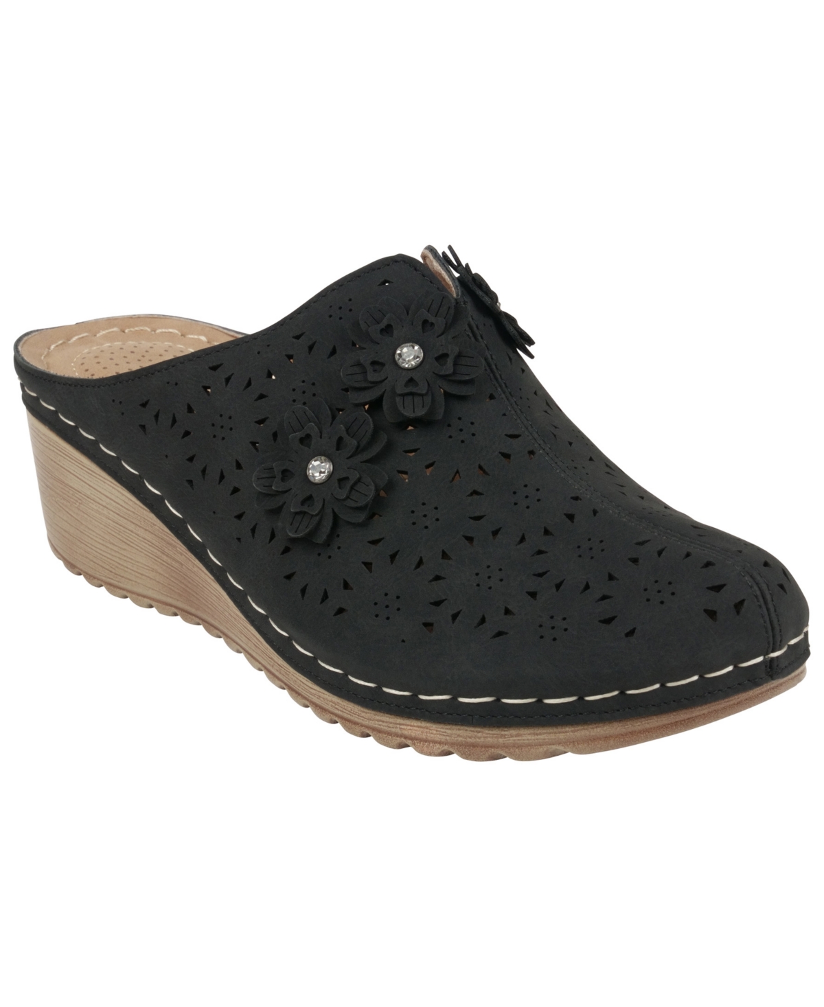 Gc Shoes Women's Krista Perforated Slip-on Flower Wedge Mules In Black