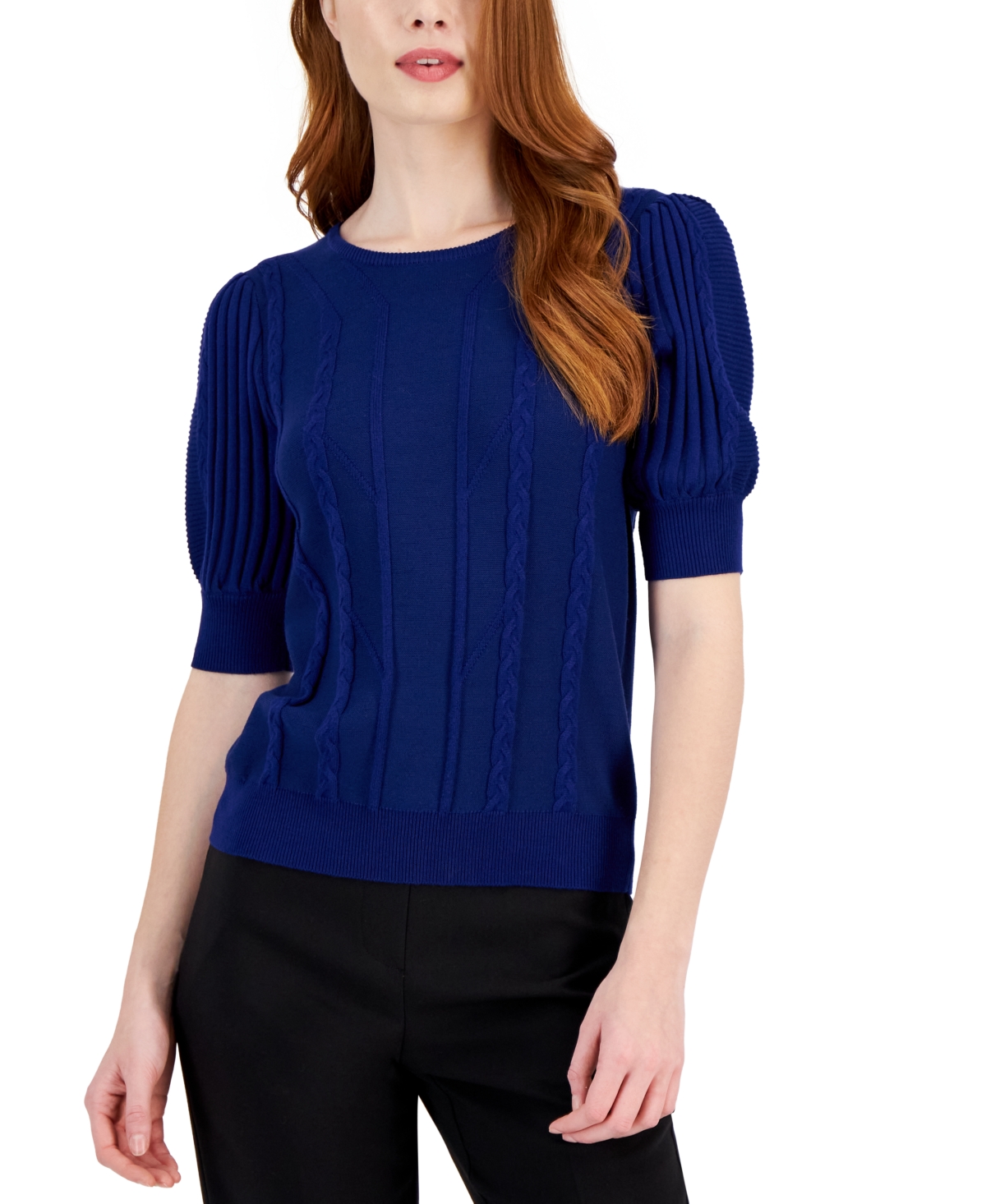 T Tahari Women's Cable Elbow-sleeve Sweater In Symhony Blue