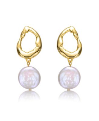 Sterling Silver 14k Yellow Gold Plated with White Coin Freshwater Pearl Twisted Halo Circle Dangle Drop Earrings