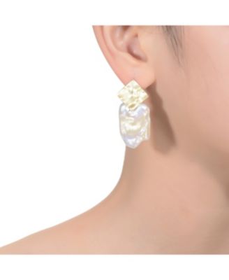 Sterling Silver 14K Gold Plated with Genuine Freshwater Pearl Drop Square Earrings