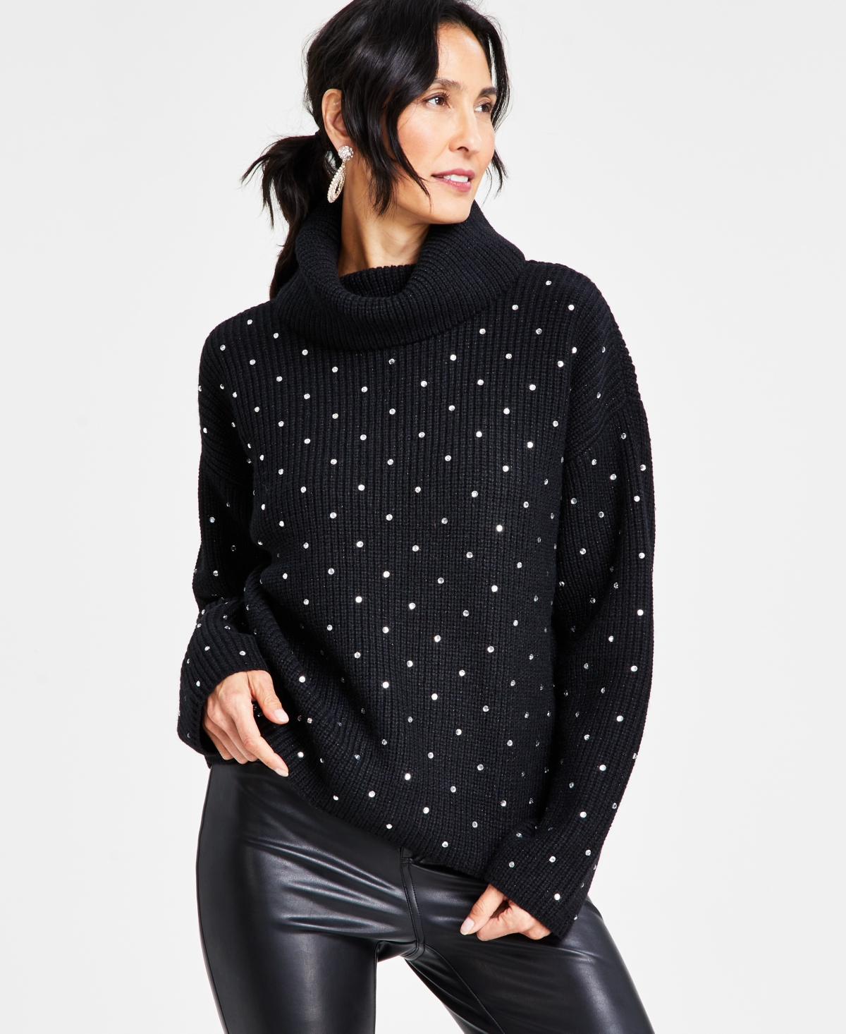 Inc International Concepts Women's Metallic-knit Studded Turtleneck Sweater, Created For Macy's In Deep Black