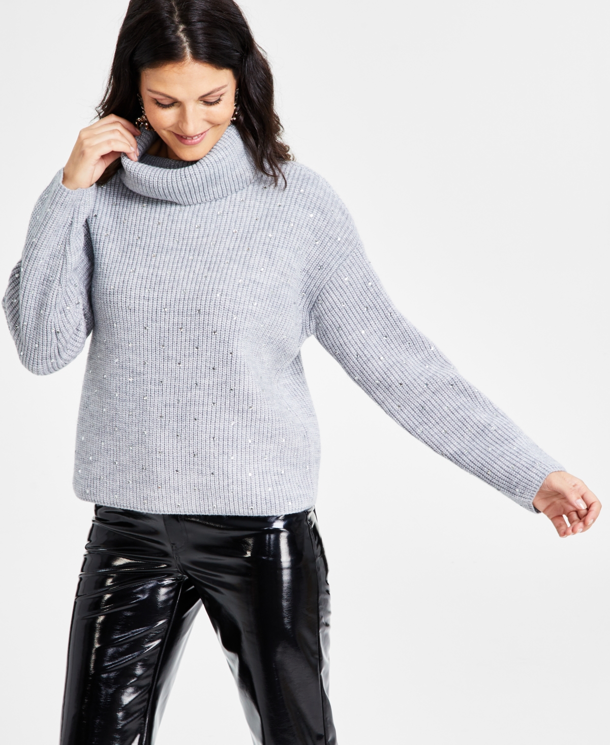 Inc International Concepts Women's Metallic-knit Studded Turtleneck Sweater, Created For Macy's In Heather Belle Grey