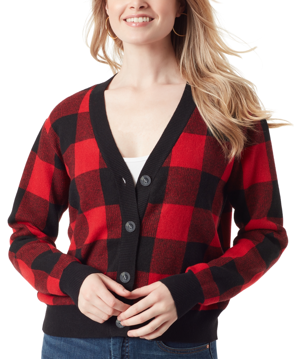Jessica Simpson Women's Buffalo Plaid Jacquard Button-front Cardigan Sweater In Claret Red-buffalo Check