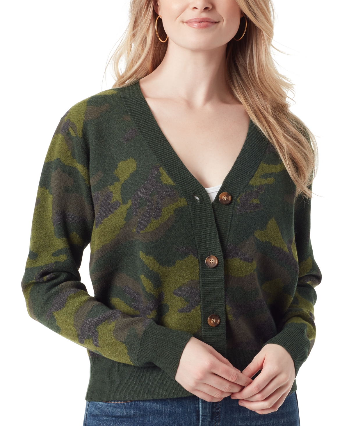 Jessica Simpson Women's Buffalo Plaid Jacquard Button-front Cardigan Sweater In Olive Night-foragers Camouflage