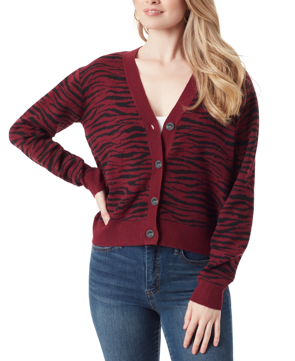 Jessica Simpson Women's Buffalo Plaid Jacquard Button-front Cardigan Sweater In Winetasting-zebra