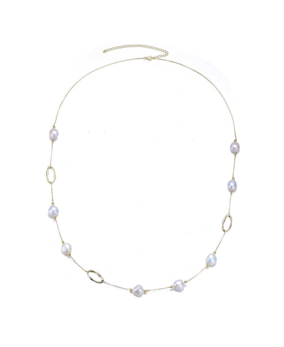 Classy Sterling Silver 14K Gold Plating and Genuine Freshwater Pearl Station Necklace - Gold