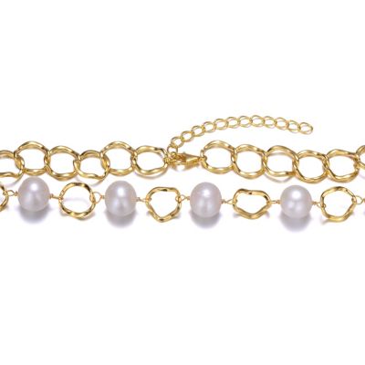 Sterling Silver 14K Gold Plated Genuine Freshwater Pearl and Cubic Zirconia Link Oval Spring Ring Adjustable Necklace