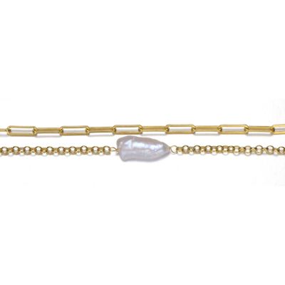 14k Yellow Gold Plated with Free-Form Genuine Freshwater Pearl Cable Rolo Chain Double Layer Bracelet in Sterling Silver