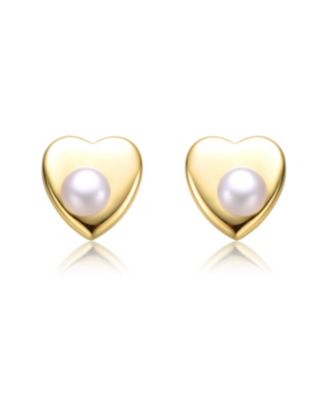 Sterling Silver 14k Yellow Gold Plated with White Freshwater Pearl Heart Stud Earrings