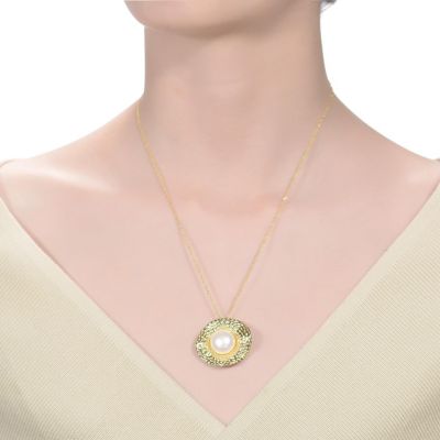 Sterling Silver 14K Gold Plated with Genuine Freshwater Pearl Hammered Pendant Necklace