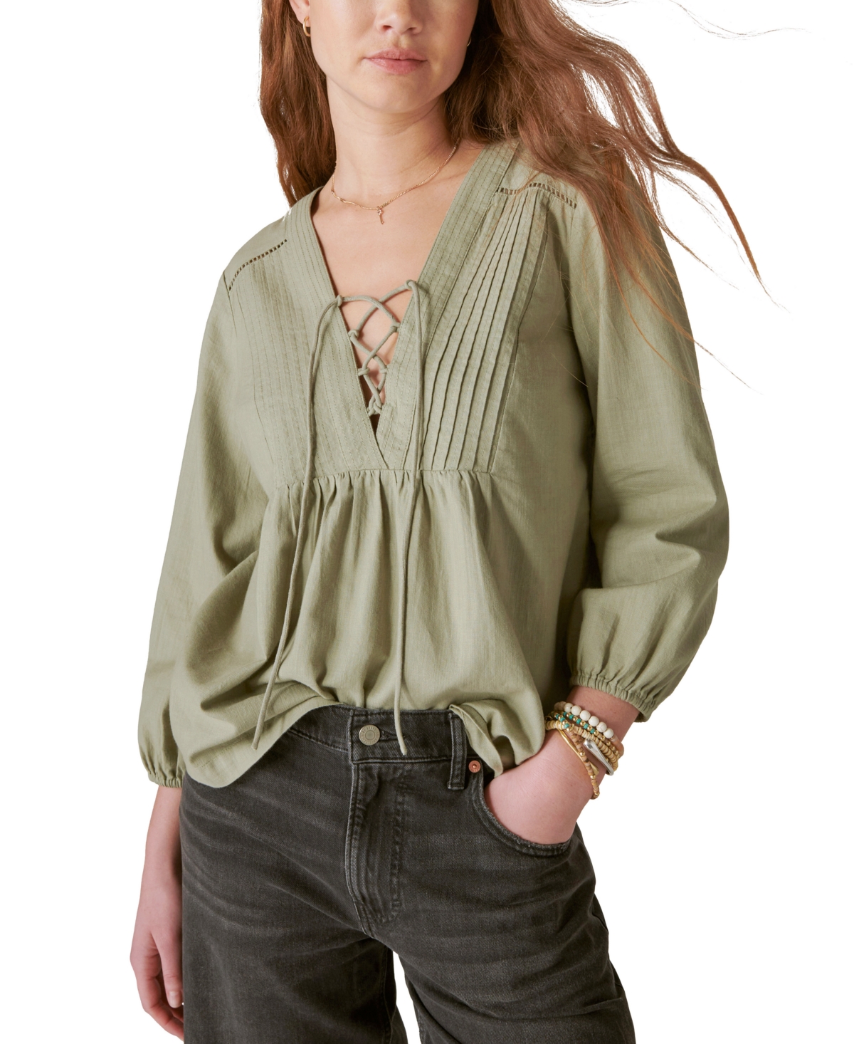 LUCKY BRAND WOMEN'S LACE UP PEASANT BLOUSE