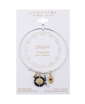 Cubic Zirconia Moon and Star Silver Plated "Dream" 14K Gold Plated Charm Bangle Bracelet