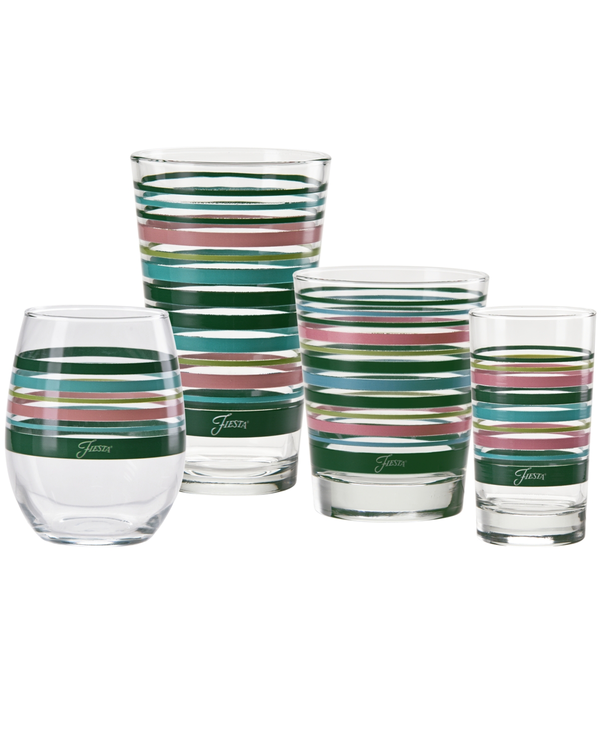 Fiesta Tropical Stripes Stemless Wine Glasses, Set Of 4 In Jade,turquoise,lemongrass And Peony