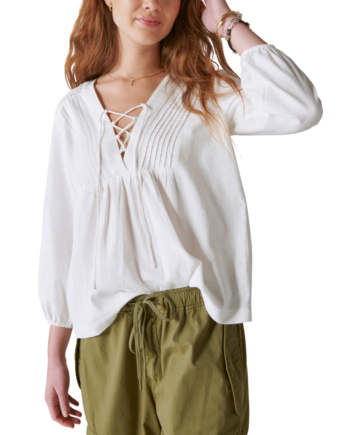 Shop Lucky Brand Women's Lace Up Peasant Blouse In Cloud Dancer