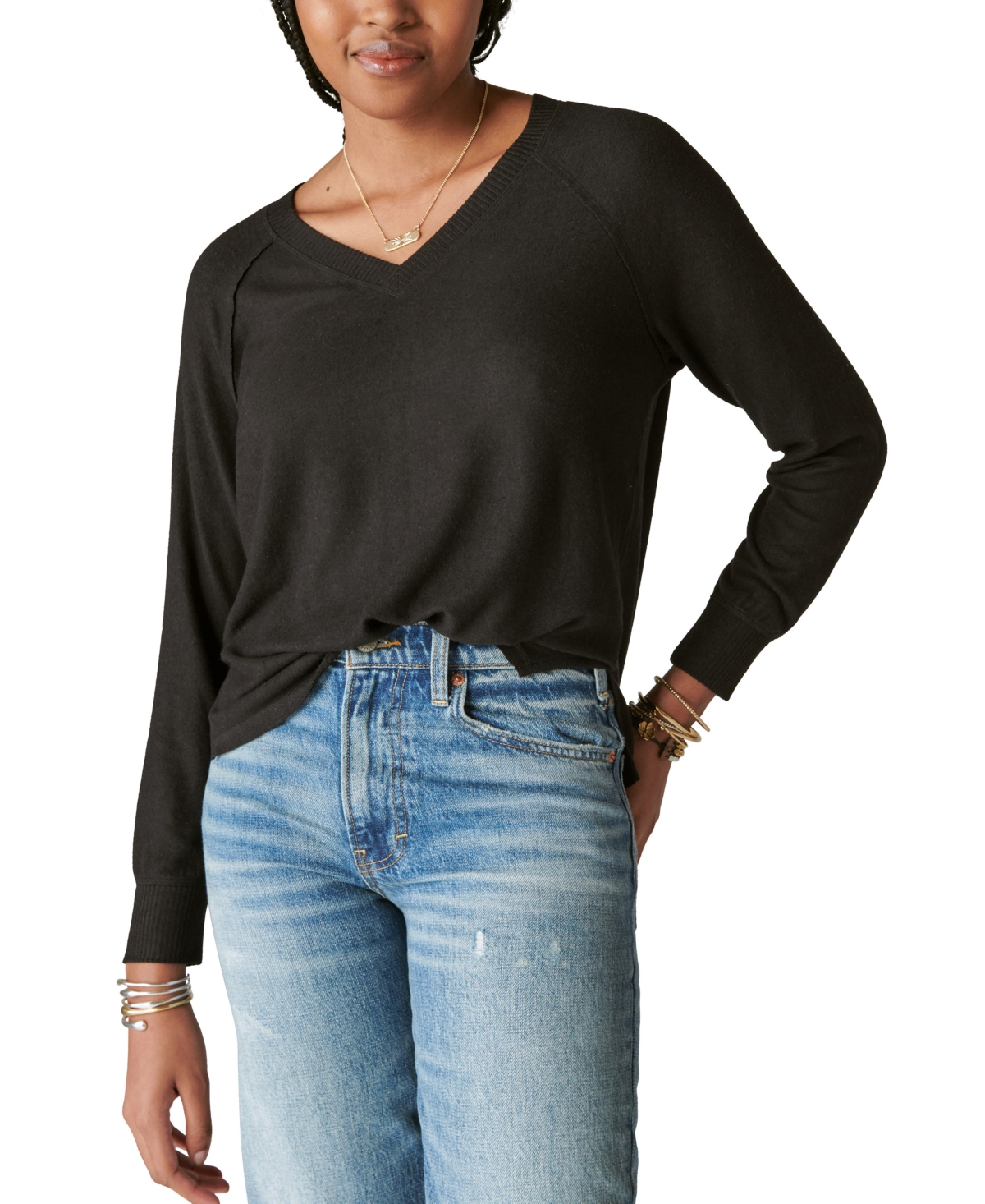 Shop Lucky Brand Women's Cloud Jersey Long Sleeve V-neck Top In Jet Black