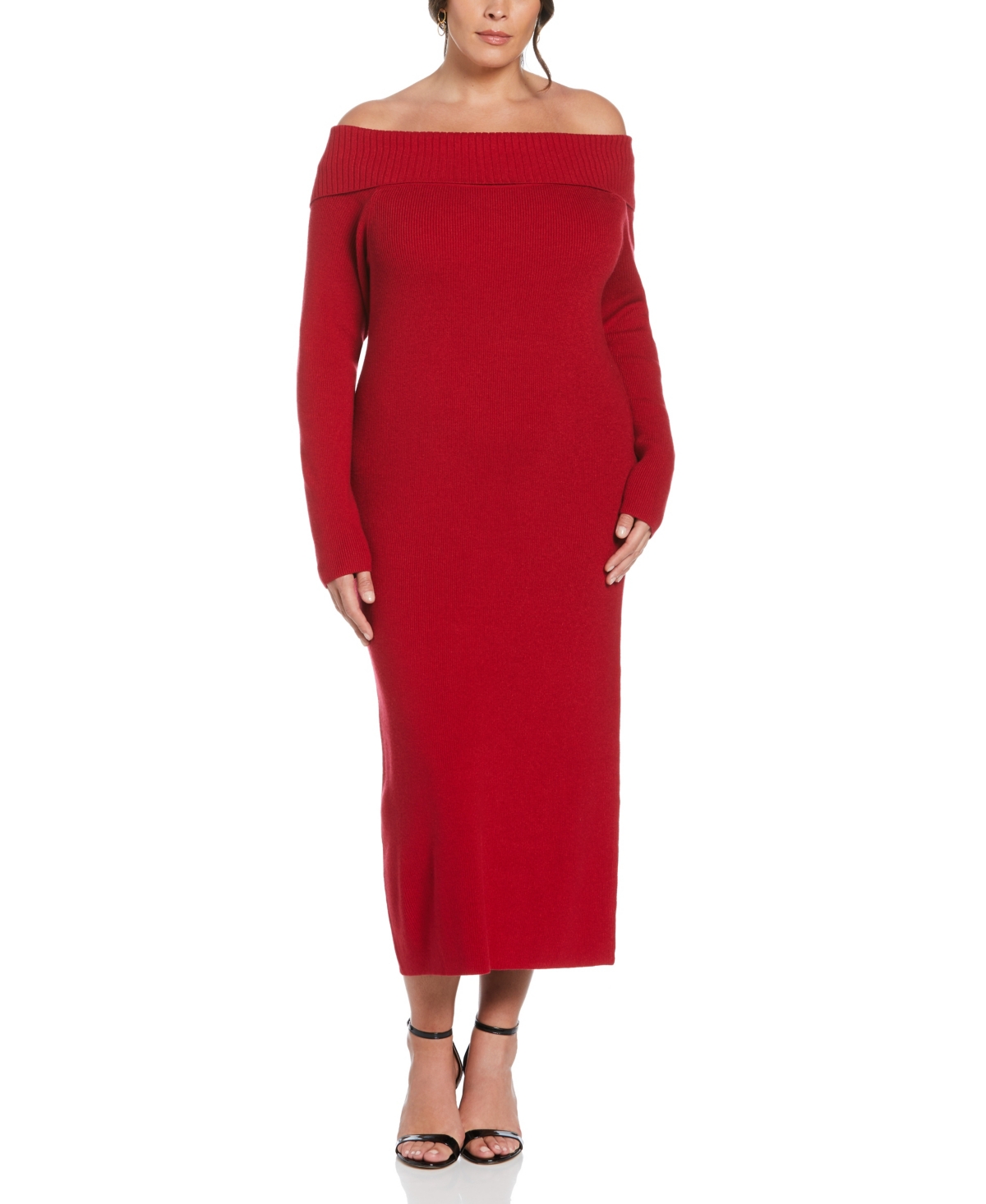 Plus Size Off-The-Shoulder Long Sleeve Sweater Dress - Ruby