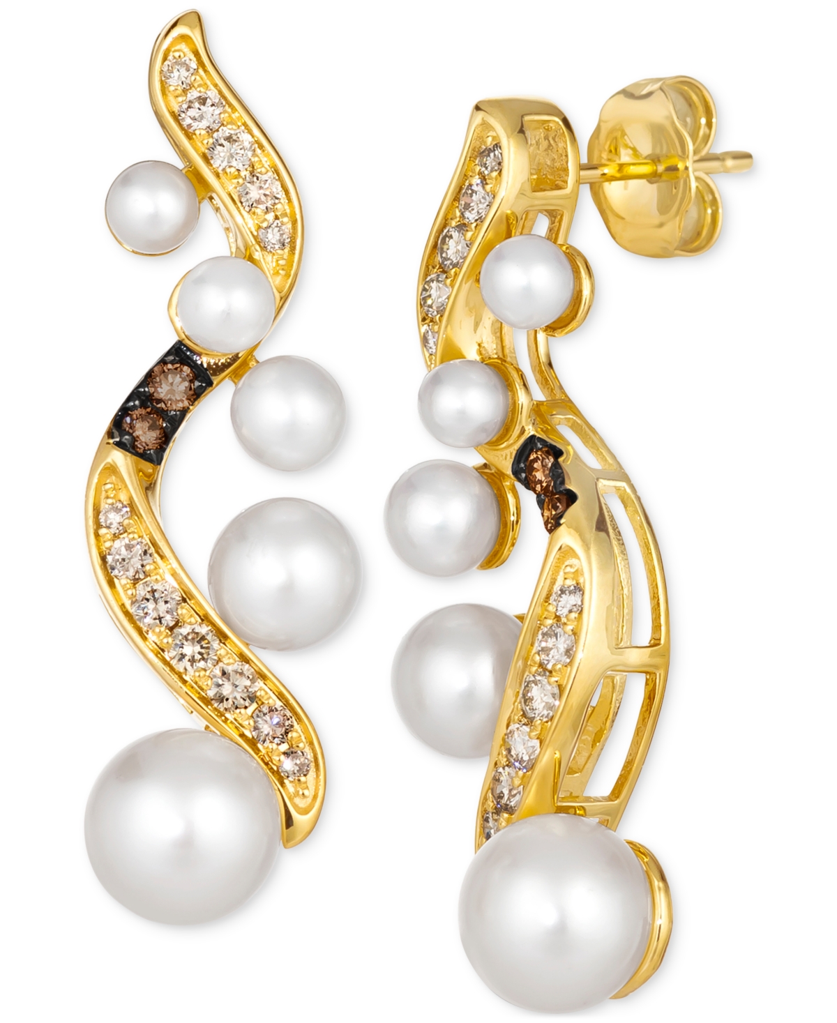 Le Vian Vanilla Pearls (3-7mm) & Diamond (3/8 Ct. T.w.) Curvy Drop Earrings In 14k Gold In K Honey Gold Earrings