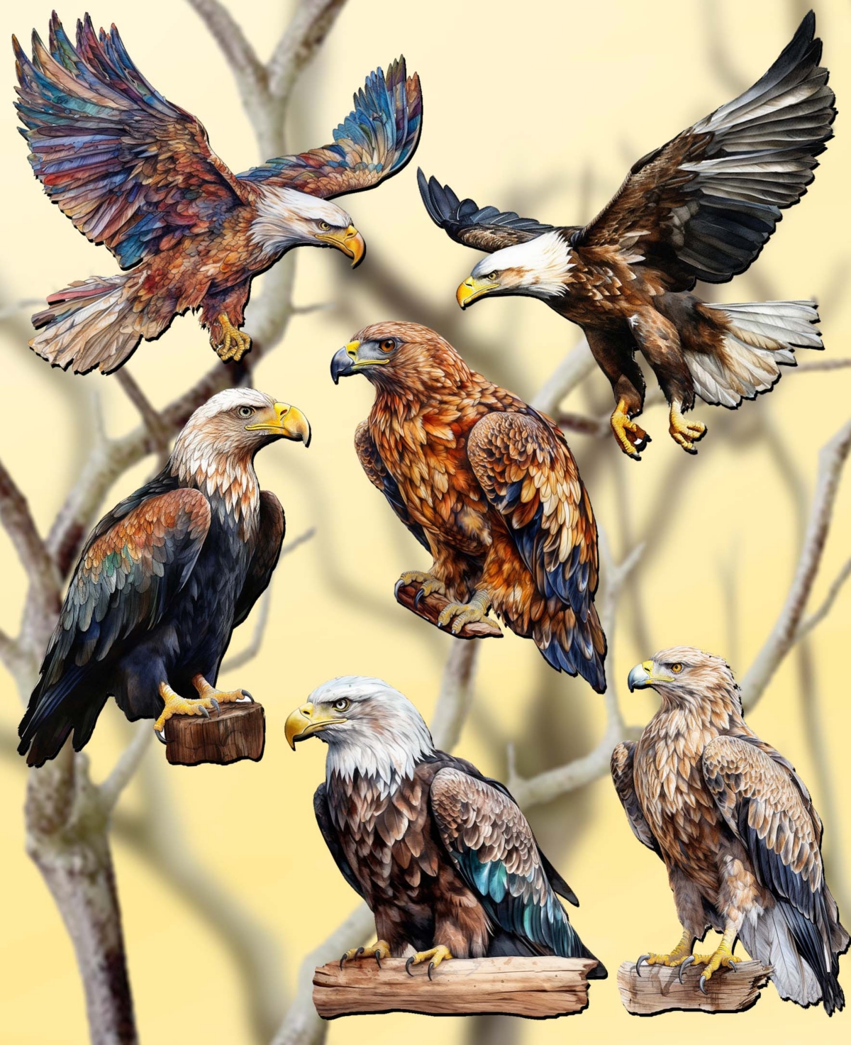 Designocracy Holiday Wooden Clip-on Ornaments Eagle's Flight Set Of 6 G. Debrekht In Multi Color