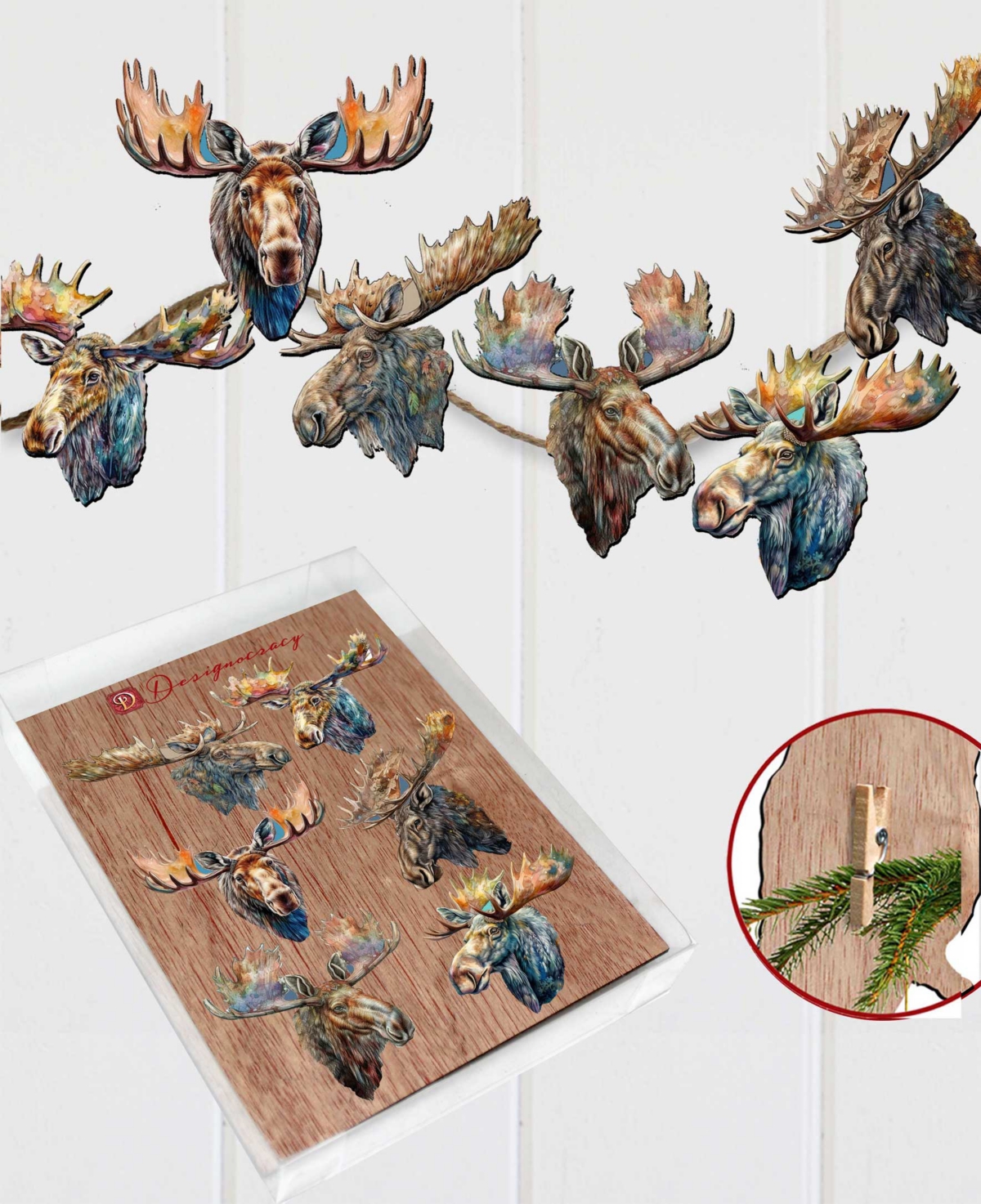 Designocracy Holiday Wooden Clip-on Ornaments Majestic Moose Set Of 6 G. Debrekht In Multi Color