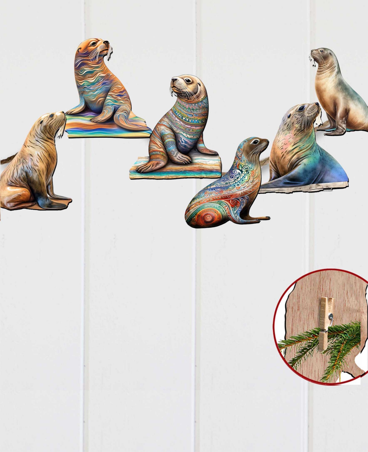 Designocracy Holiday Wooden Clip-on Ornaments Coastal Sea Lions Set Of 6 G. Debrekht In Multi Color