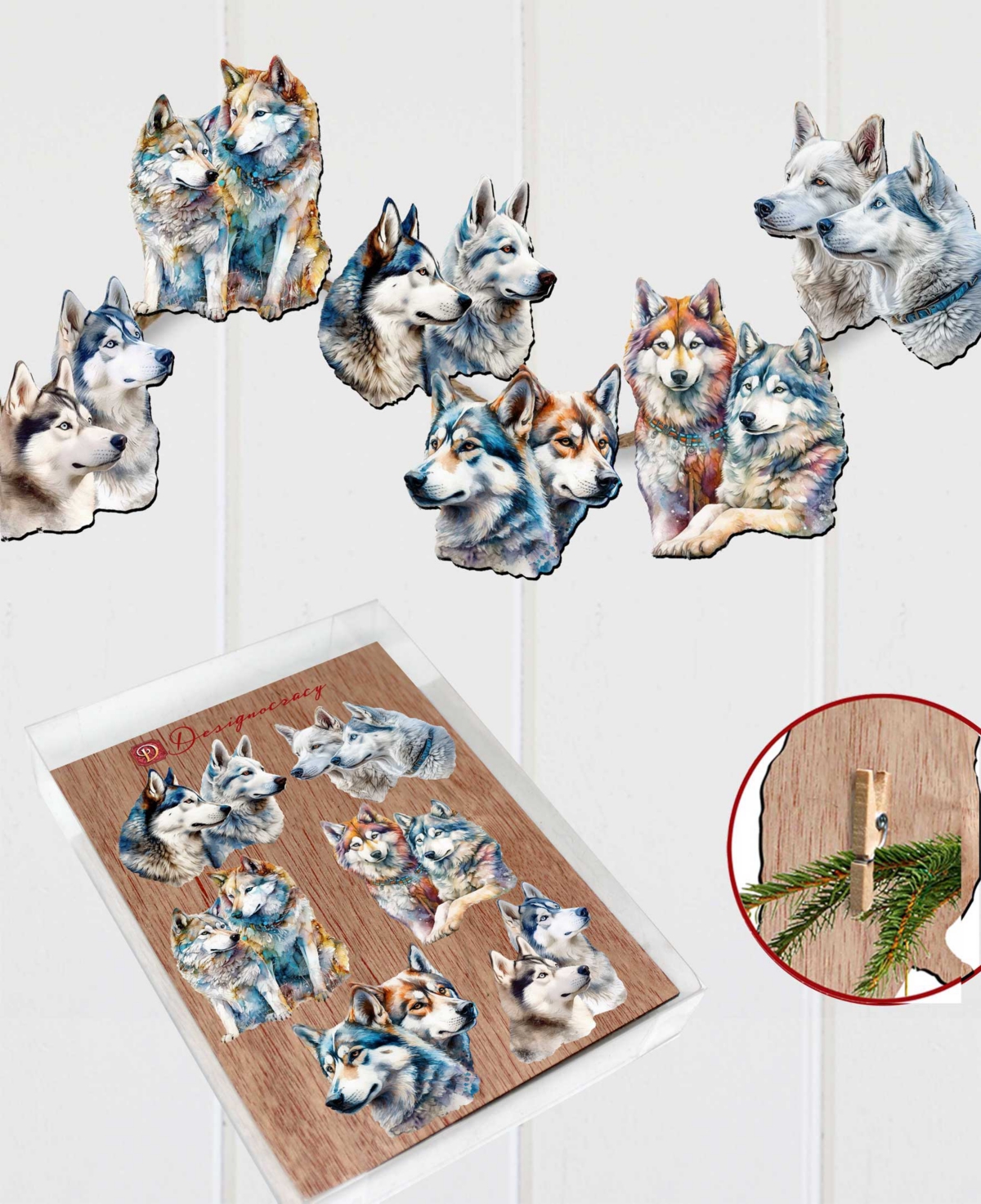 Designocracy Holiday Wooden Clip-on Ornaments The Graceful Huskies Set Of 6 G. Debrekht In Multi Color