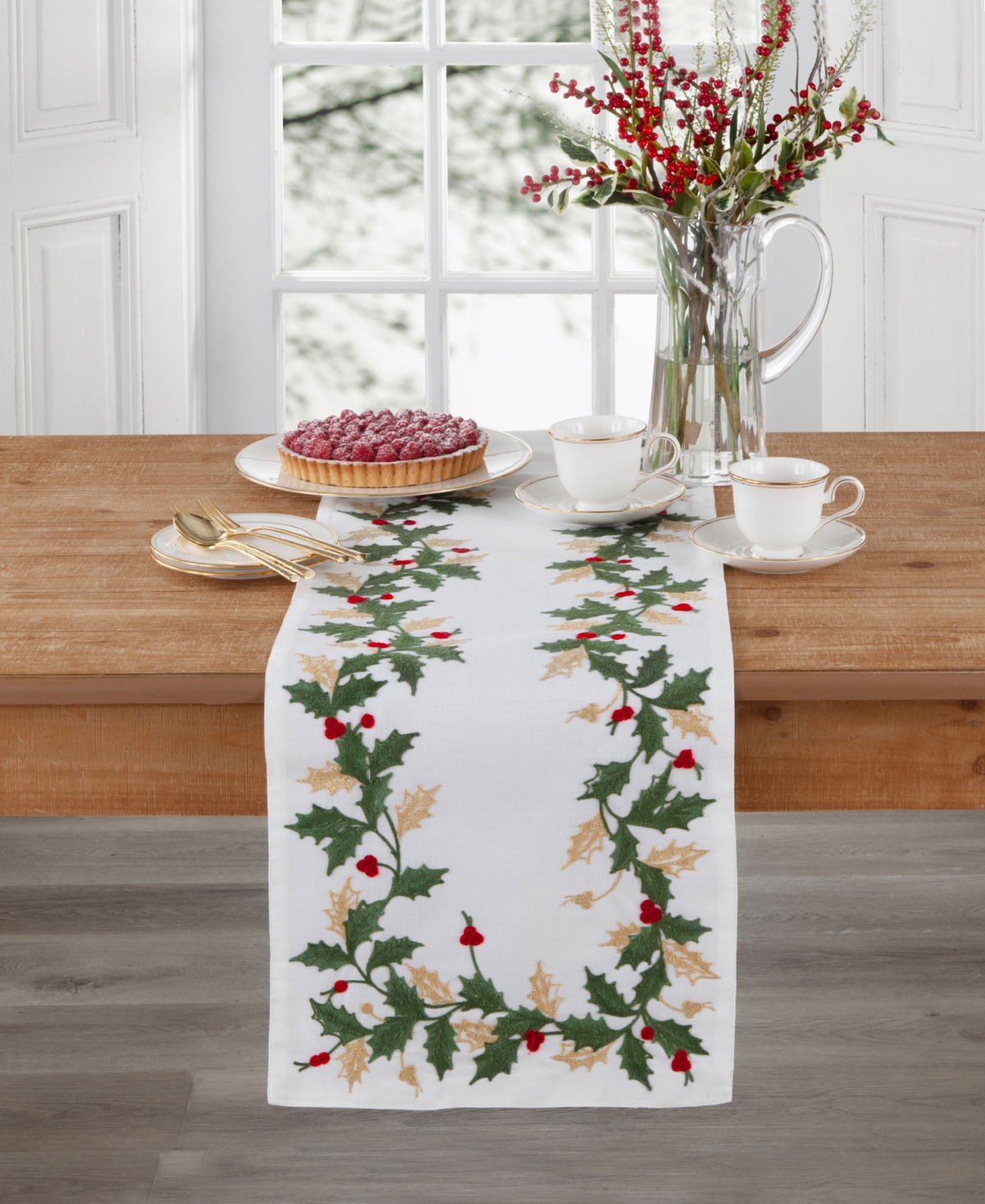 Lenox Holiday Embriodered Table Runner 14'' X 70'' In White