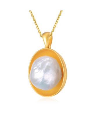 Sterling Silver 14K Gold Plated with Genuine Freshwater Pearl Pendant Necklace