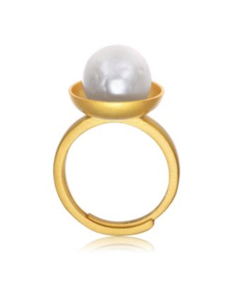 Sterling Silver 14K Gold Plated with Genuine Freshwater Pearl Adjustable Ring