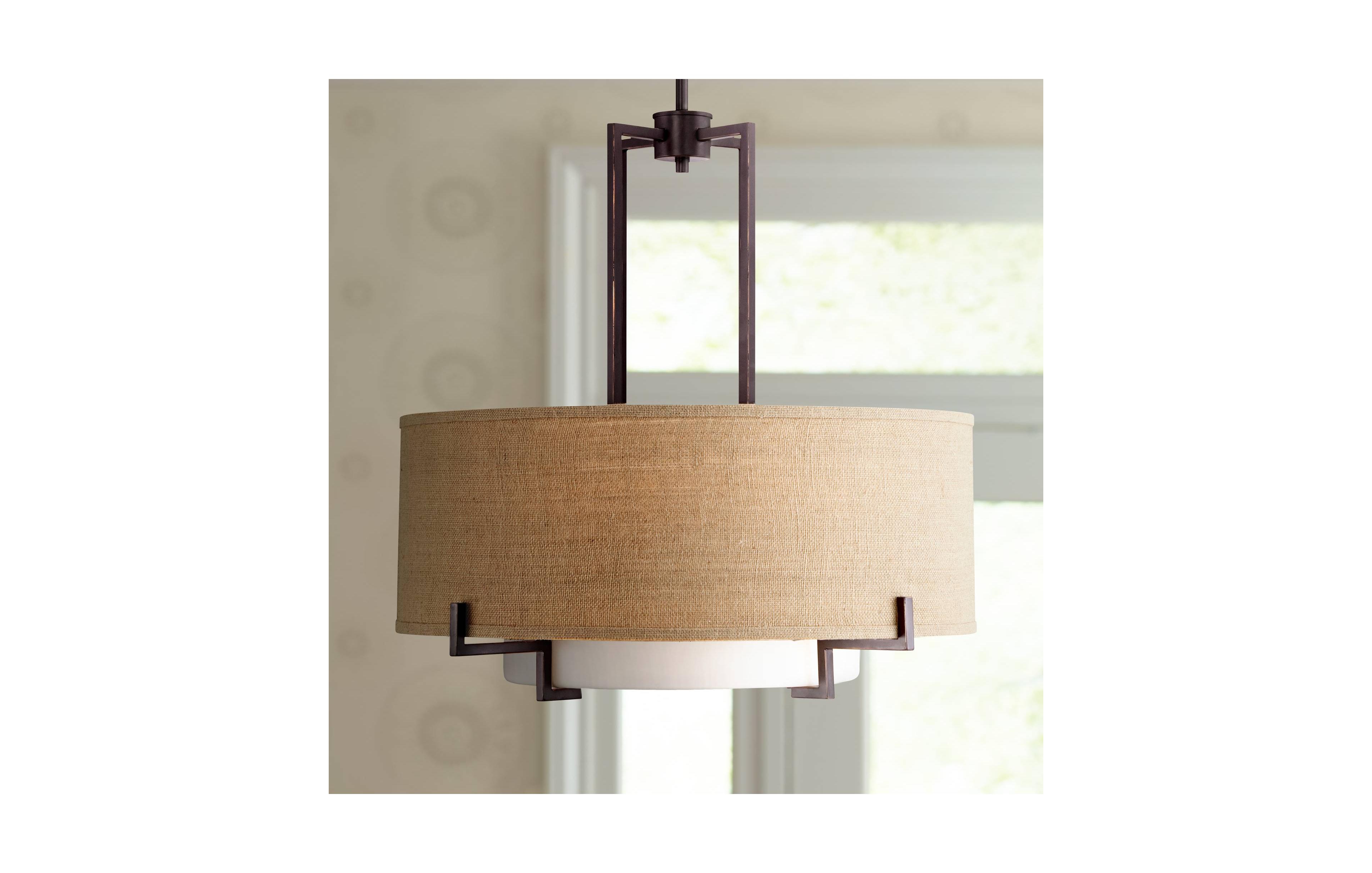 Concentric Bronze Pendant Chandelier Lighting 25" Wide Farmhouse Rustic White Glass Burlap Drum Shade 4-Light Fixture for Dining Room Living House Hom