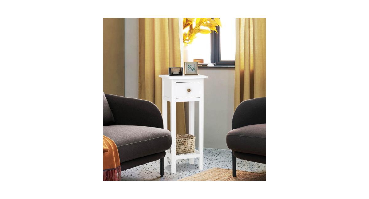 2 Tier Slim Nightstand Bedside Table with Drawer Shelf