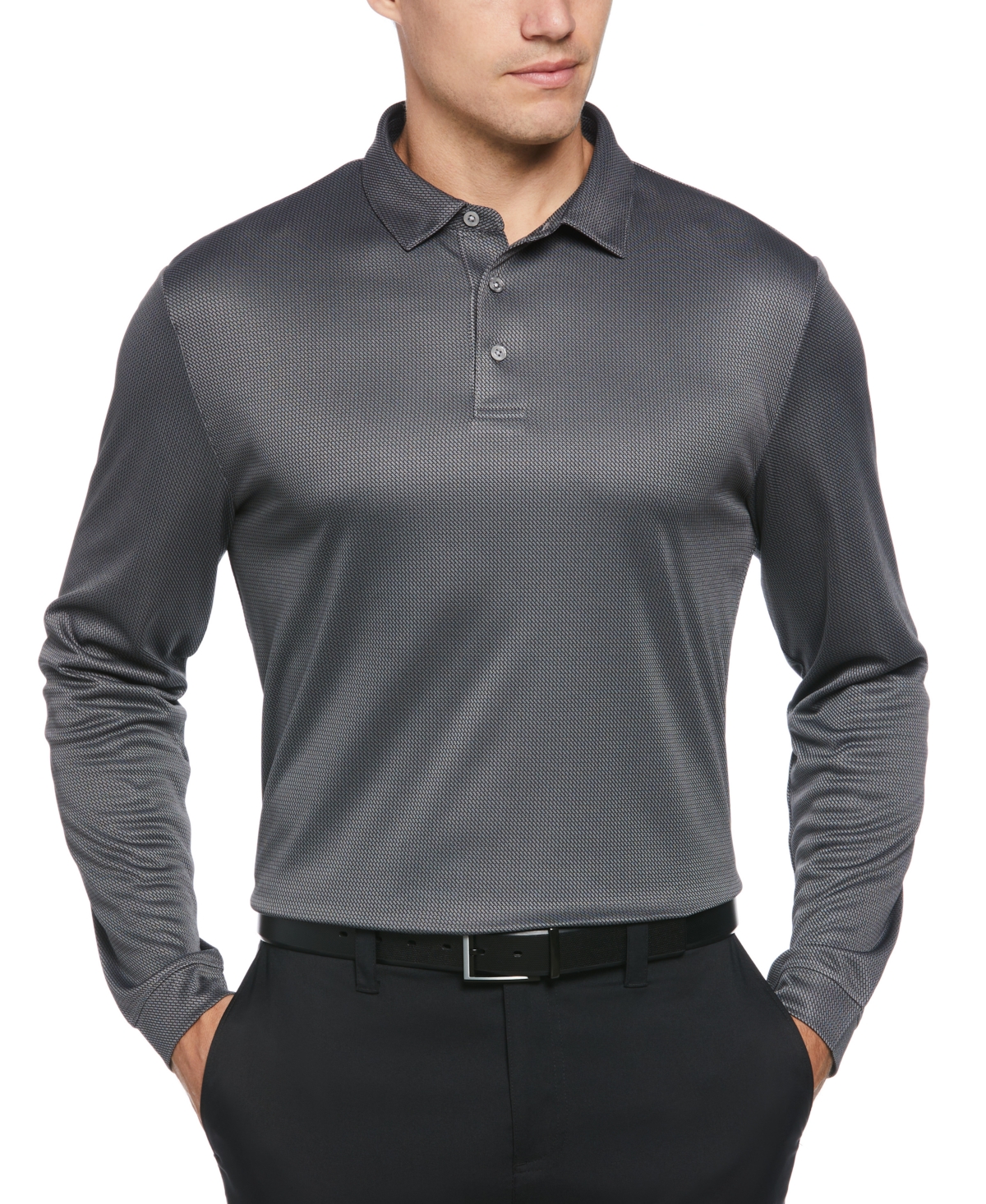 Shop Pga Tour Men's Mini Jacquard Long Sleeve Golf Polo Shirt In Quiet Shade