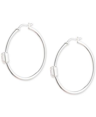 Cubic Zirconia Polished Medium Hoop Earrings in Sterling Silver, 1.52"