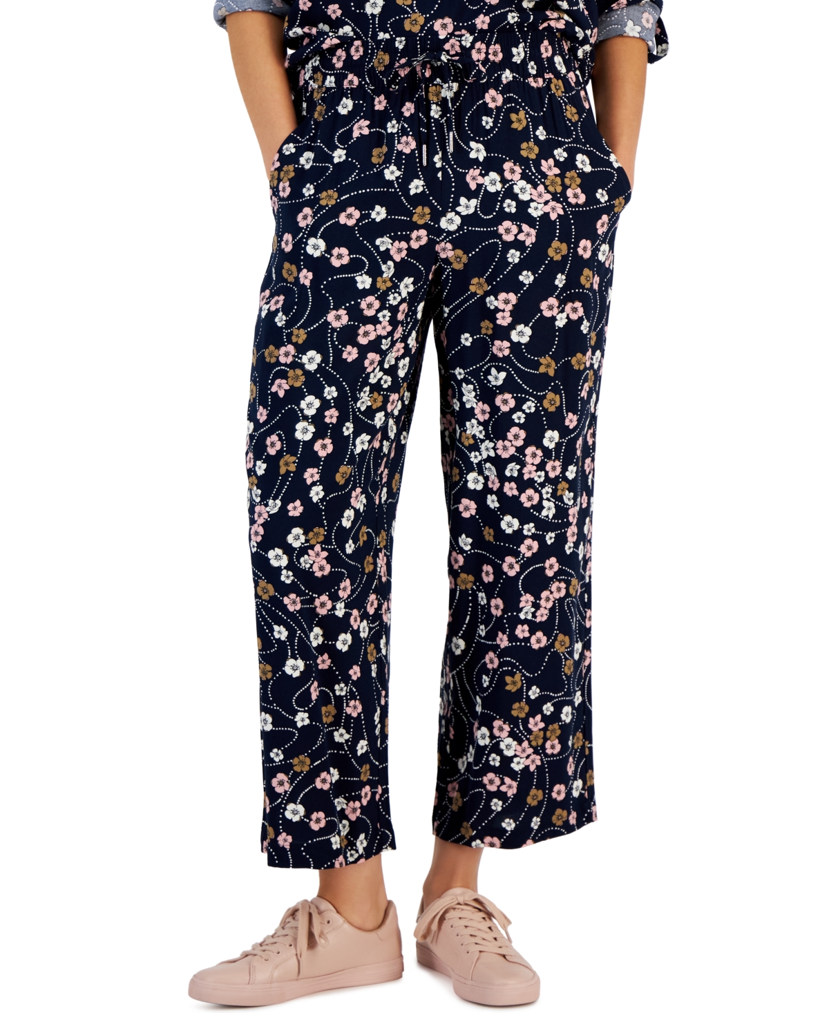 Tommy Hilfiger Women's Floral-print Wide-leg Pull-on Pants In Sky Captain Multi