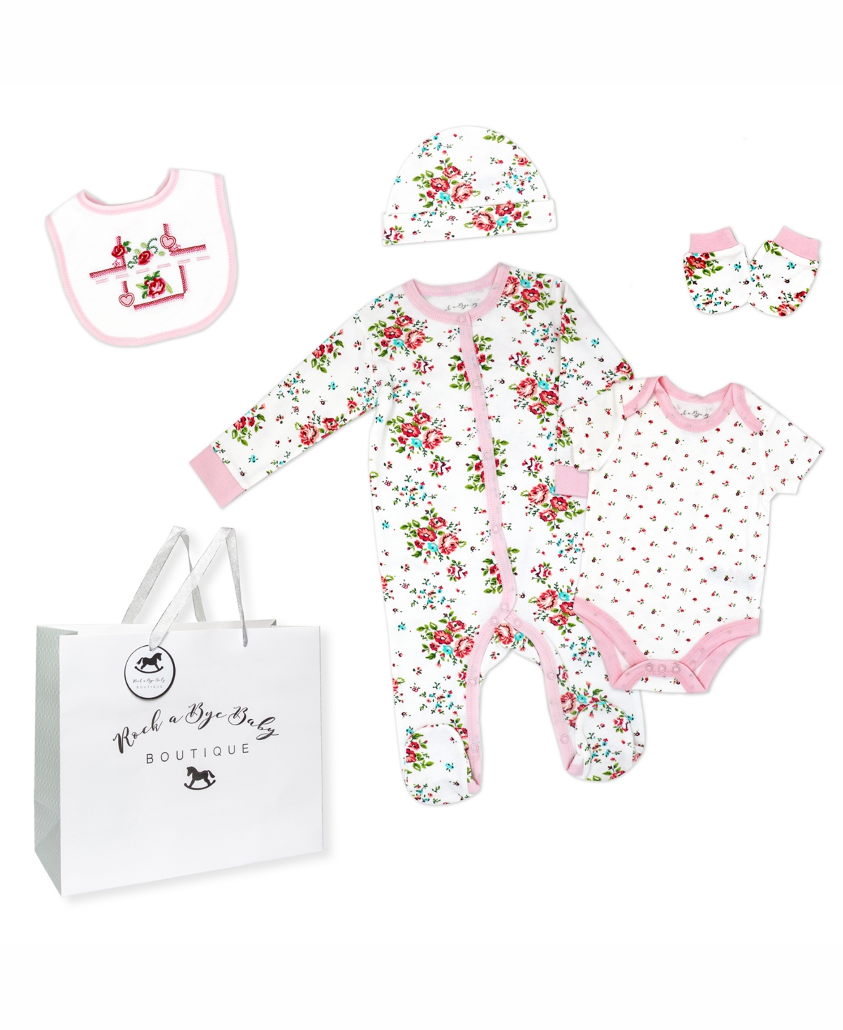 Rock-a-bye Baby Boutique Baby Girls Layette Gift Bag Set In Rose Needlepoint