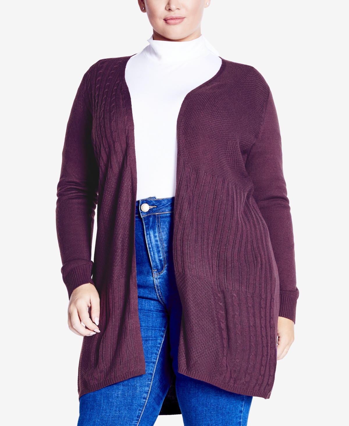 Avenue Plus Size Meadow Mews Cable Knit Cardigan Sweater In Purple