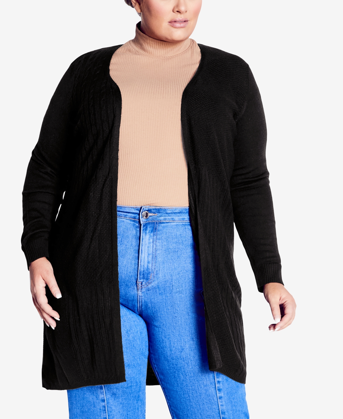 Avenue Plus Size Meadow Mews Cable Knit Cardigan Sweater In Black