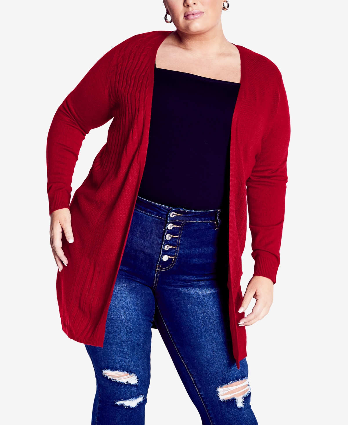 Avenue Plus Size Meadow Mews Cable Knit Cardigan Sweater In Red