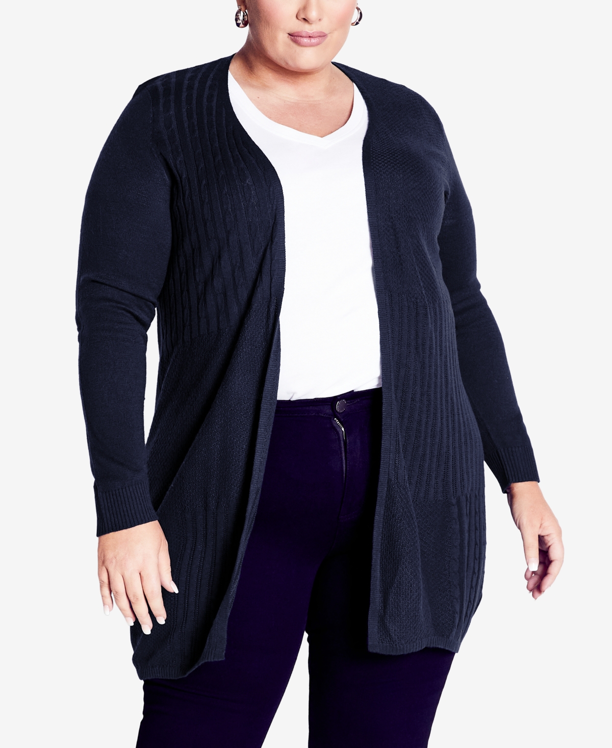 Avenue Plus Size Meadow Mews Cable Knit Cardigan Sweater In Navy
