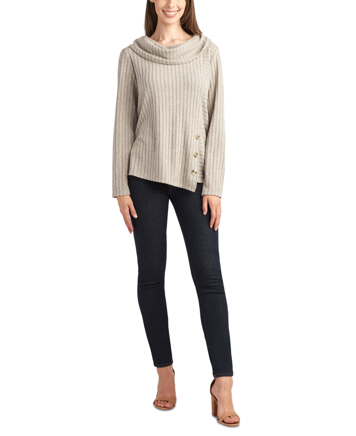 Shop Bcx Juniors' Cowlneck Button-trimmed Ribbed Sweater In Sparkling