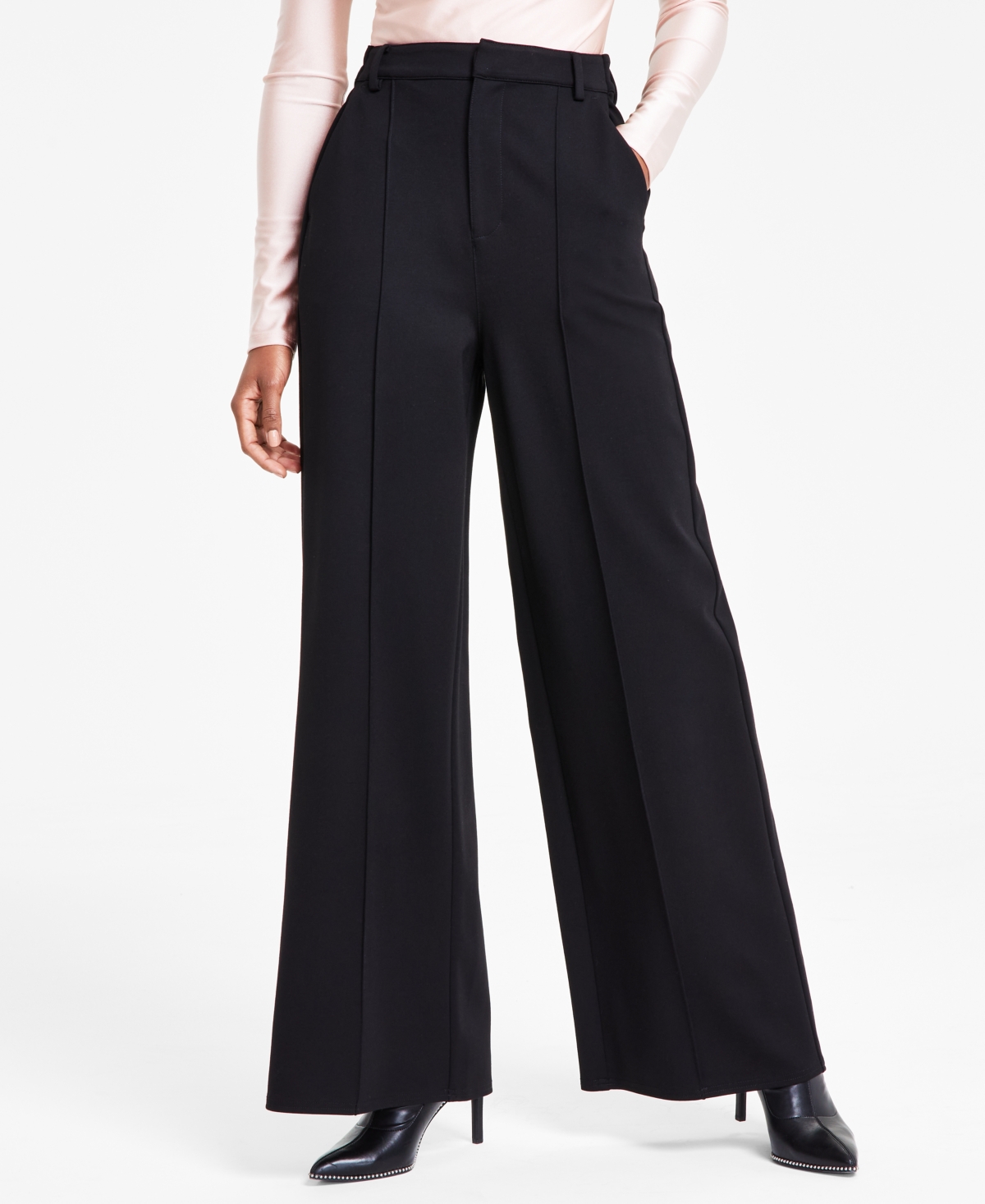 Bar Iii Women's High-leg Wide-leg Seamed Ponte Pants, Created For Macy's In Deep Black