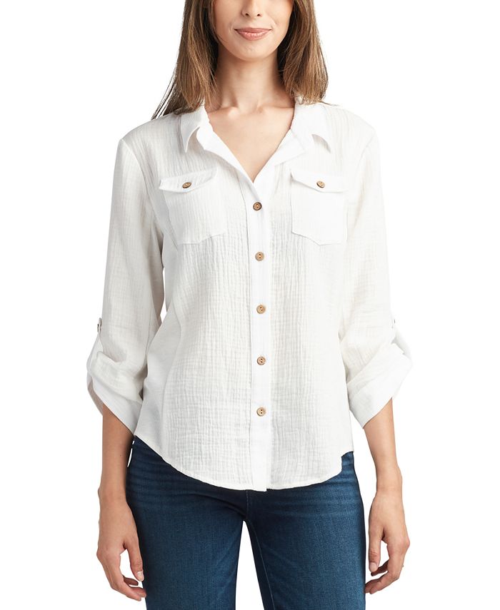 BCX Juniors' Gauze Button-Down Roll-Tab-Sleeve Collared Shirt - Macy's