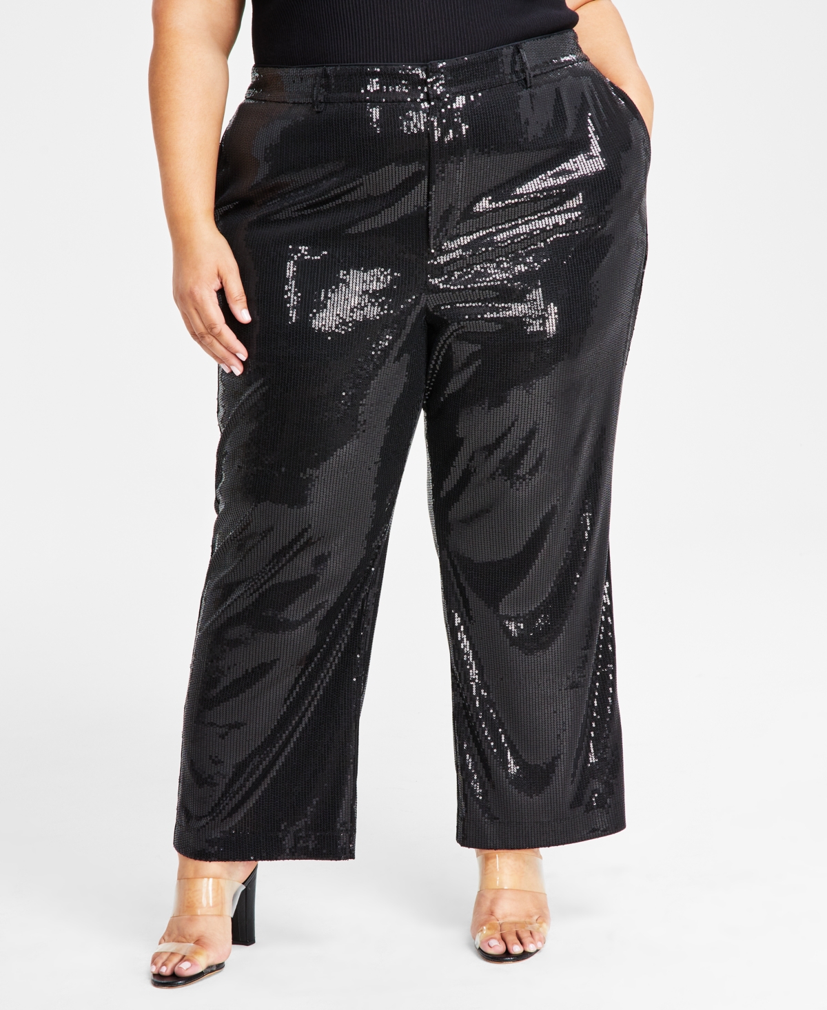 Nina Parker Trendy Plus Size Sequined Wide-leg Pants In Black